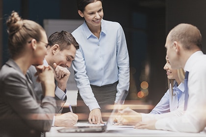 Business careers illustrated by a group of professionals in a dynamic meeting.