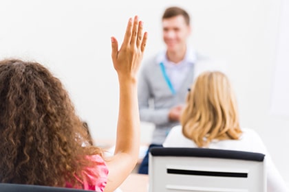 Graduate school classroom with teaching students.