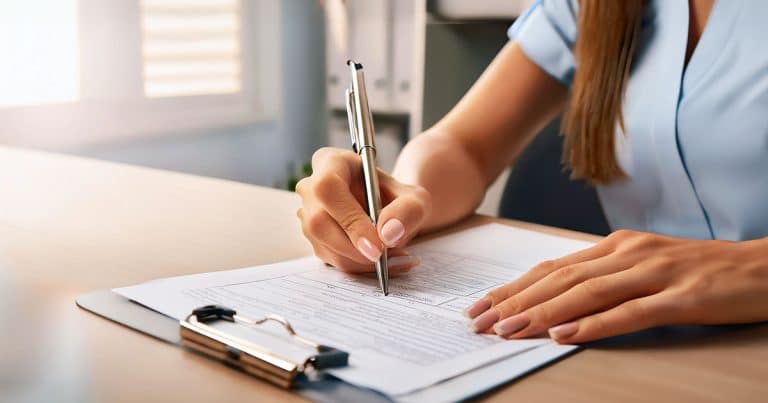 Young woman filling out form with pen